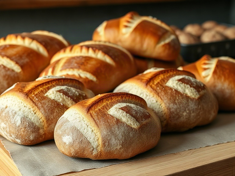 Fresh sourdough loaves resting on a warm wooden counter at Fjord & Flour